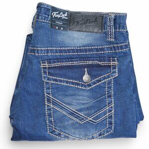 True Luck Straight Leg Jeans Dark Wash Denim Thick Stitch Men's Size 34x32 BKE